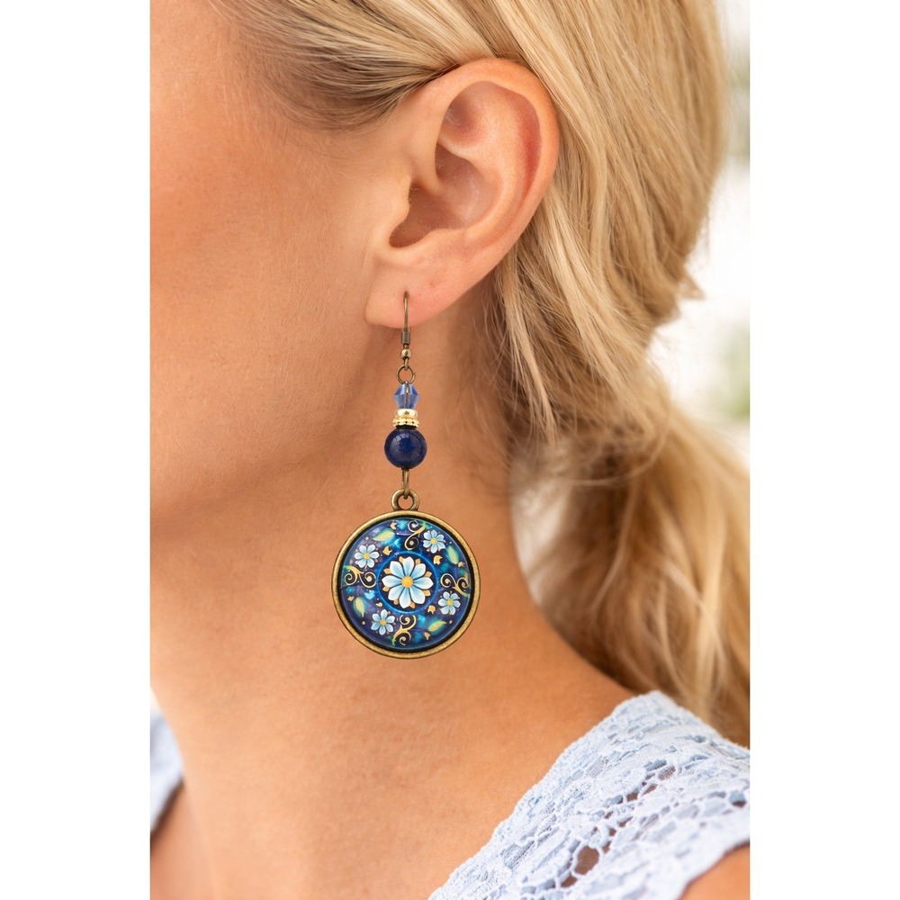 BLUE FLORAL ART GLASS DANGLE EARRINGS BOHO VINTAGE STYLE